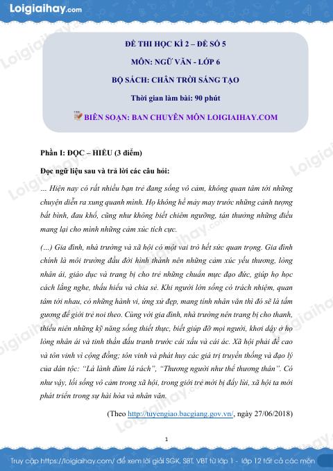 Đề thi học kì 2 Văn 6 Chân trời sáng tạo - Đề số 5